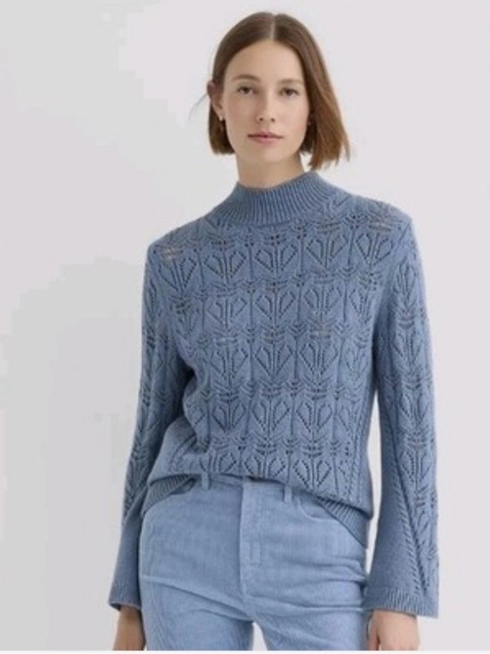 NWT Pointelle Flare Sleeve Mock neck Sweater Size M Contemporary Clean beauty